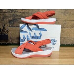 Clarks Cloudsteppers Sandals Womens 9.5 Arla Belle Wedge Slingback Orange Fabric